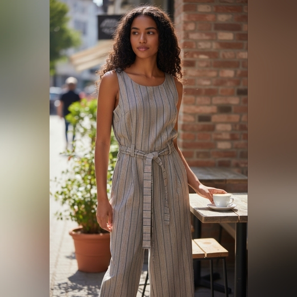 mittoshop Pants - Mittoshop Gray Striped Wide Leg Jumpsuit